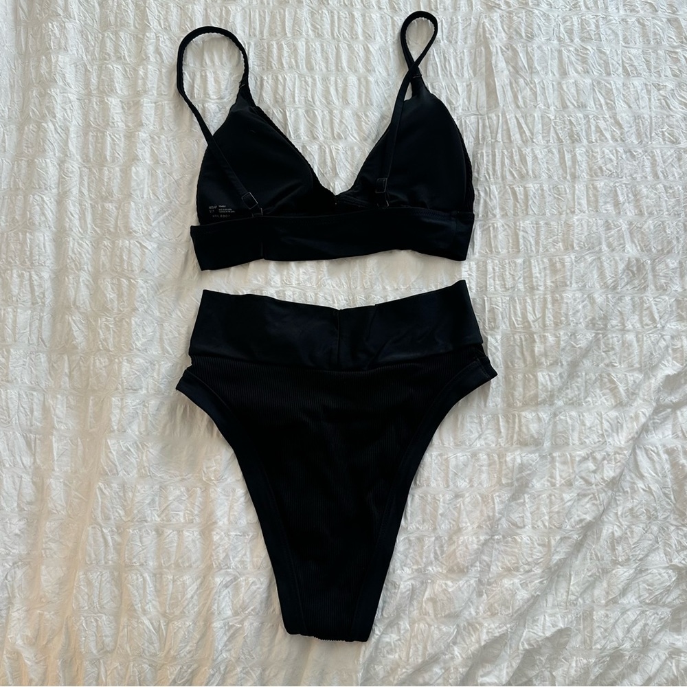 Aerie High Cut Cheeky Black Ribbed Crossover Bikini Set Bottoms Top Small Swim S - Picture 8 of 11